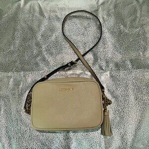 Michael Kors Crossbody Bag Beige Women's Leather Adjustable Strap Tasseled